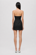 Black silk mini dress back view, strapless fitted silhouette