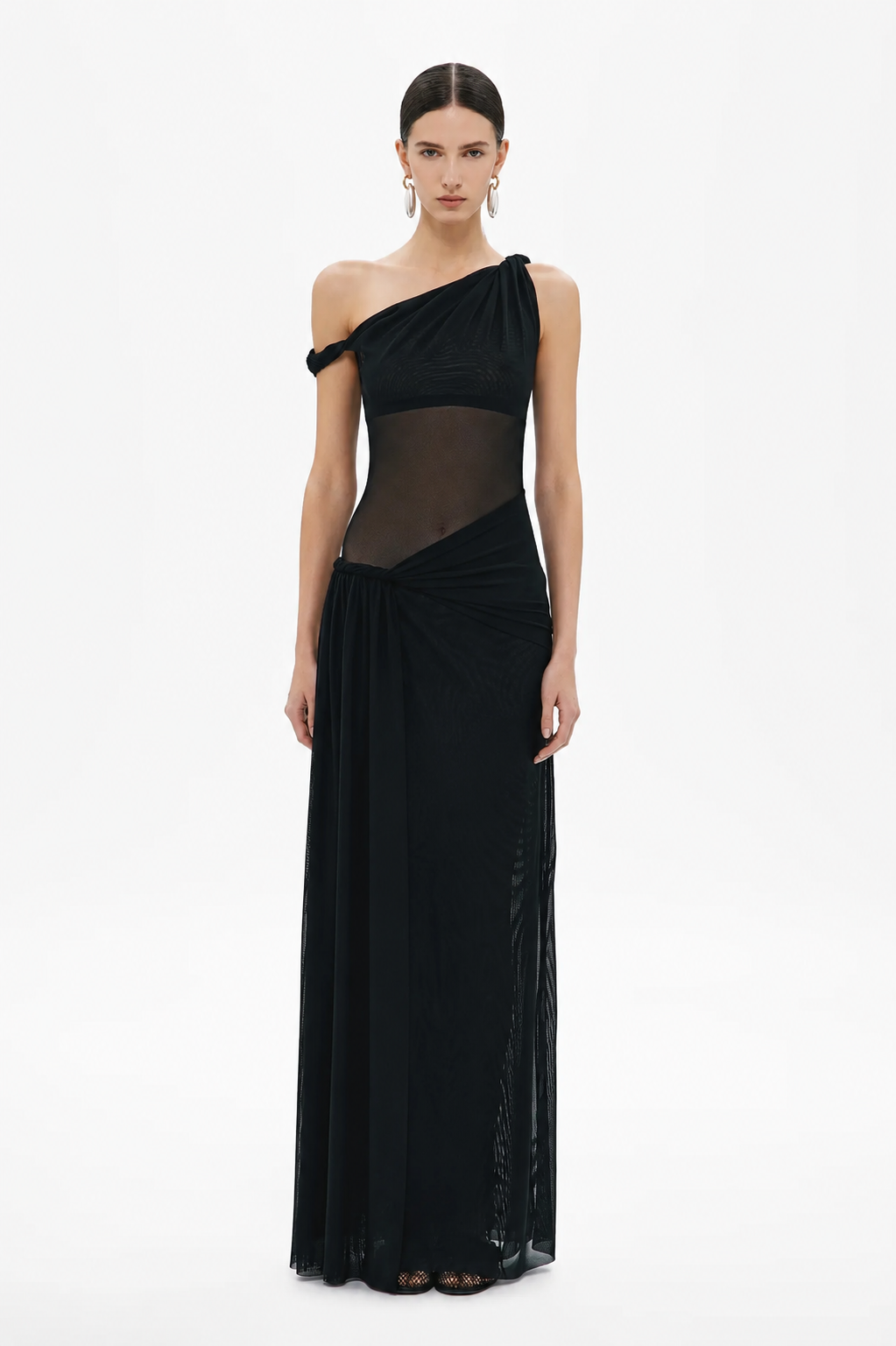 Black one-shoulder mesh maxi dress with draped side detail