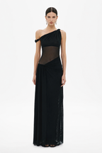 Black one-shoulder mesh maxi dress with draped side detail