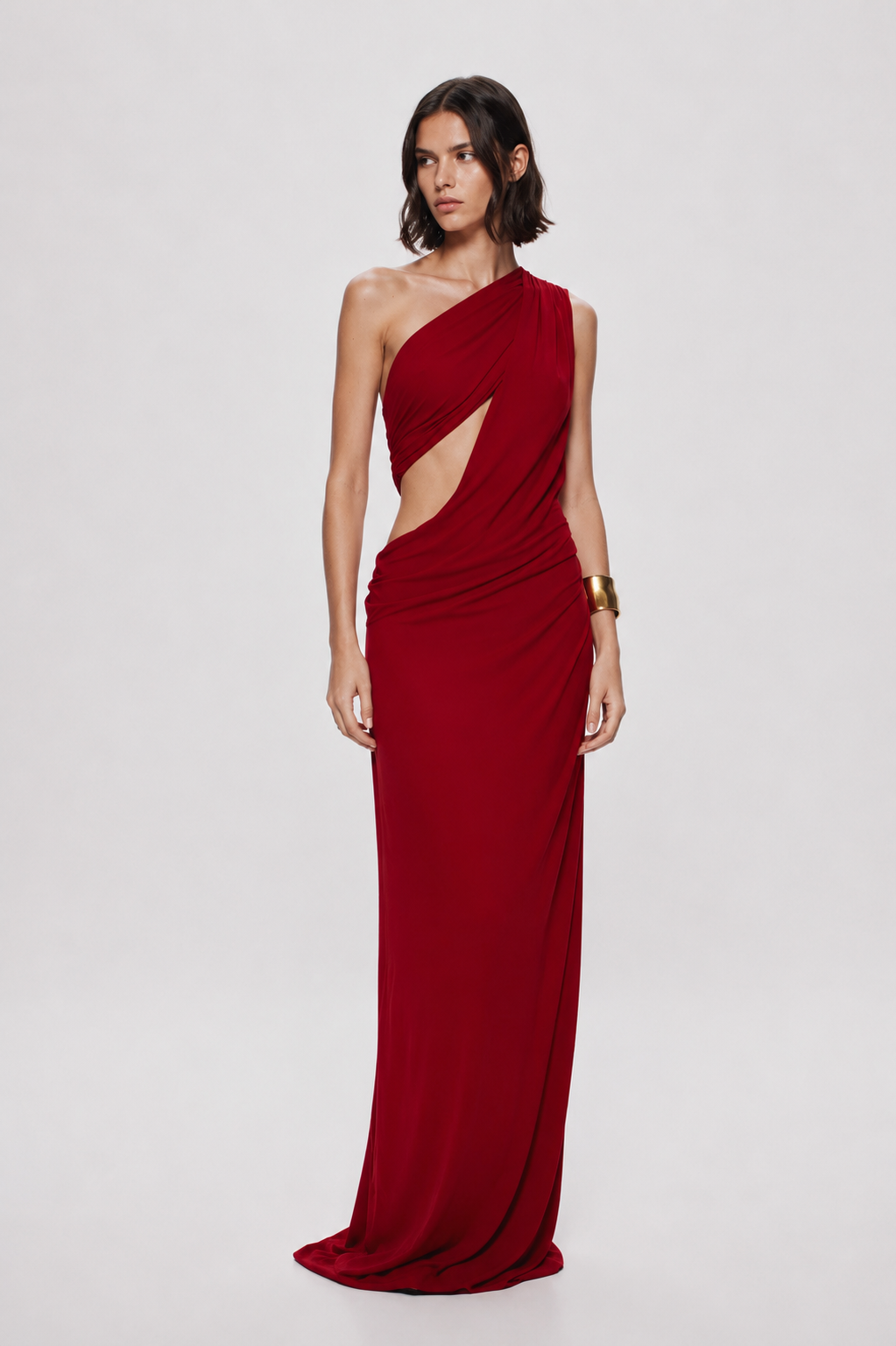 Cherry red one-shoulder cupro maxi dress with asymmetrical cutout drape