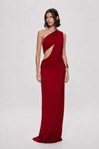 Cherry red one-shoulder cupro maxi dress with asymmetrical cutout drape