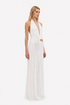 Ivory sequin halter maxi dress with draped V front and waist ring