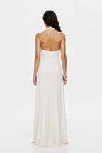Ivory sleeveless backless maxi dress with open back and smooth drape
