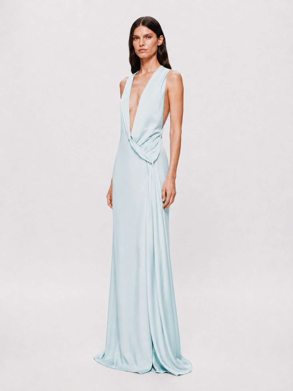 Ice blue satin Harlow dress sleeveless with deep V front and draped ruched waist