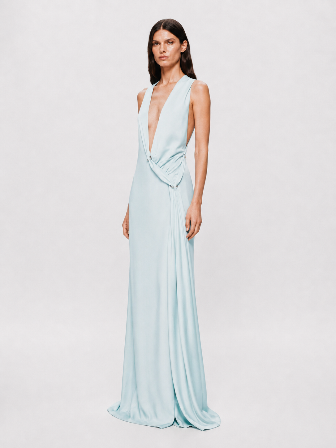 Ice blue satin Harlow dress sleeveless with deep V front and draped ruched waist
