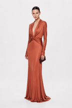 Brick jersey maxi dress with twisted V-neck front and long sleeves