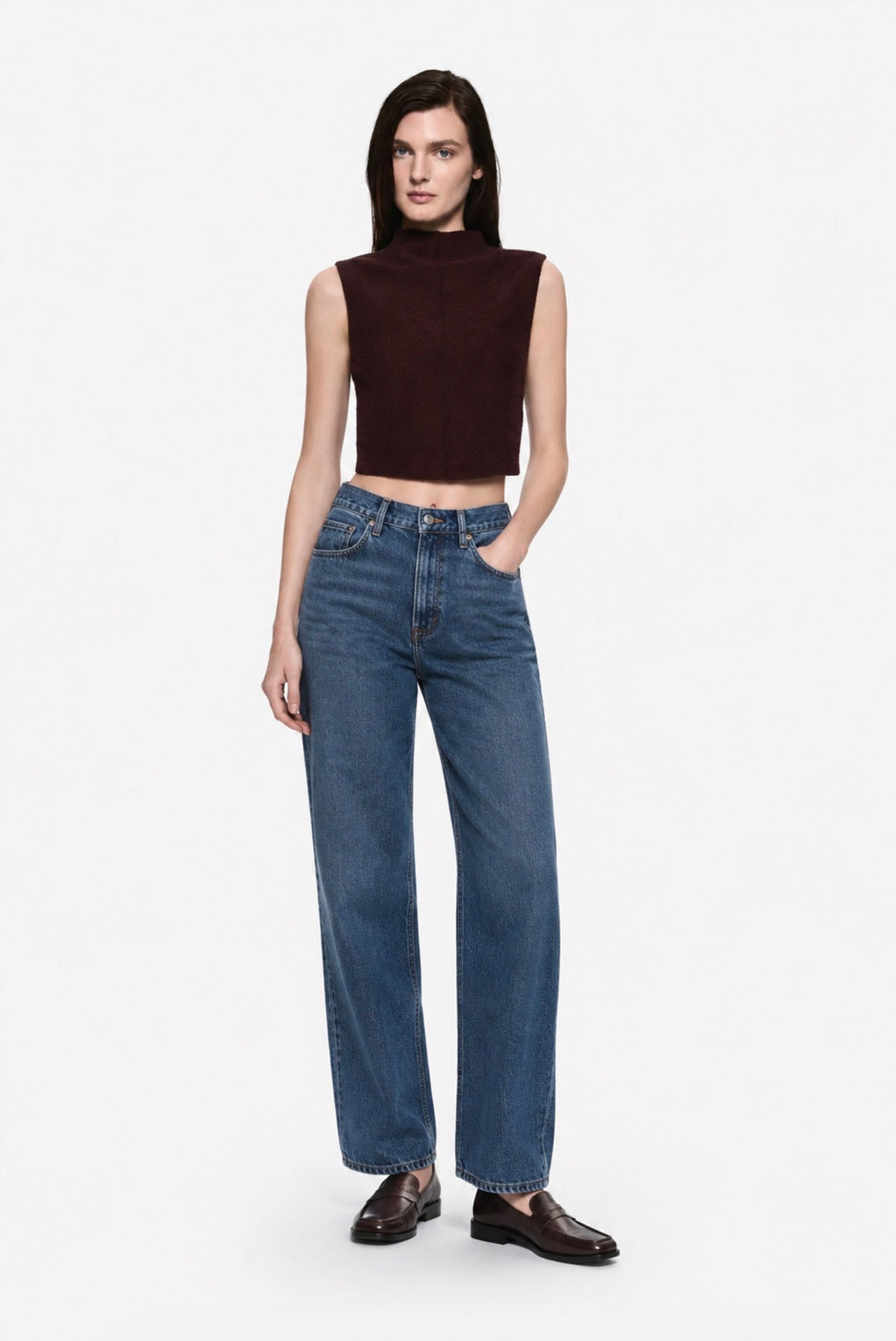 Burgundy boucle sleeveless crop top with high turtleneck