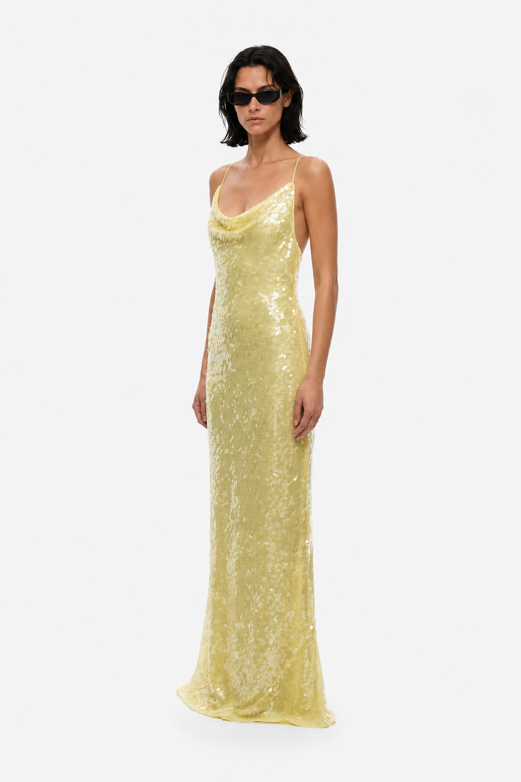 Lemon sequin maxi dress with spaghetti straps and flowing column shape