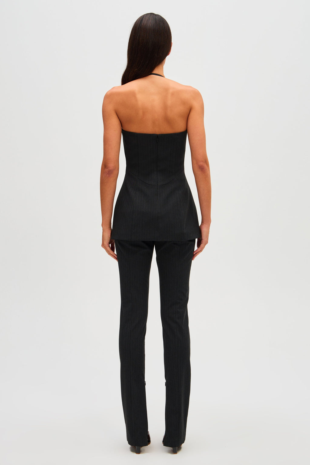 Black pinstripe camisole top with open back and spaghetti straps