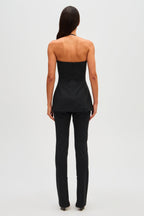 Black pinstripe camisole top with open back and spaghetti straps
