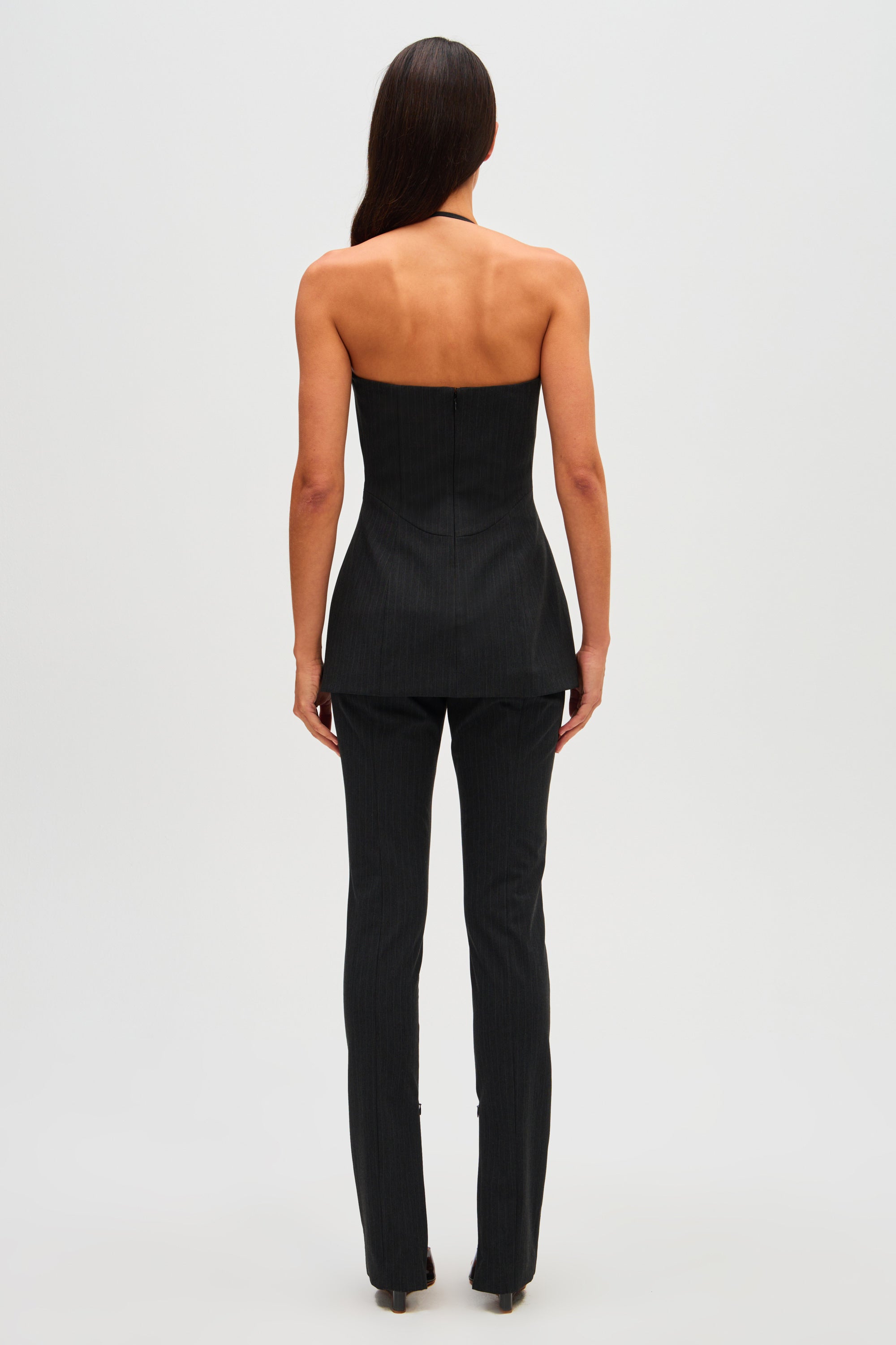 Black pinstripe camisole top with open back and spaghetti straps