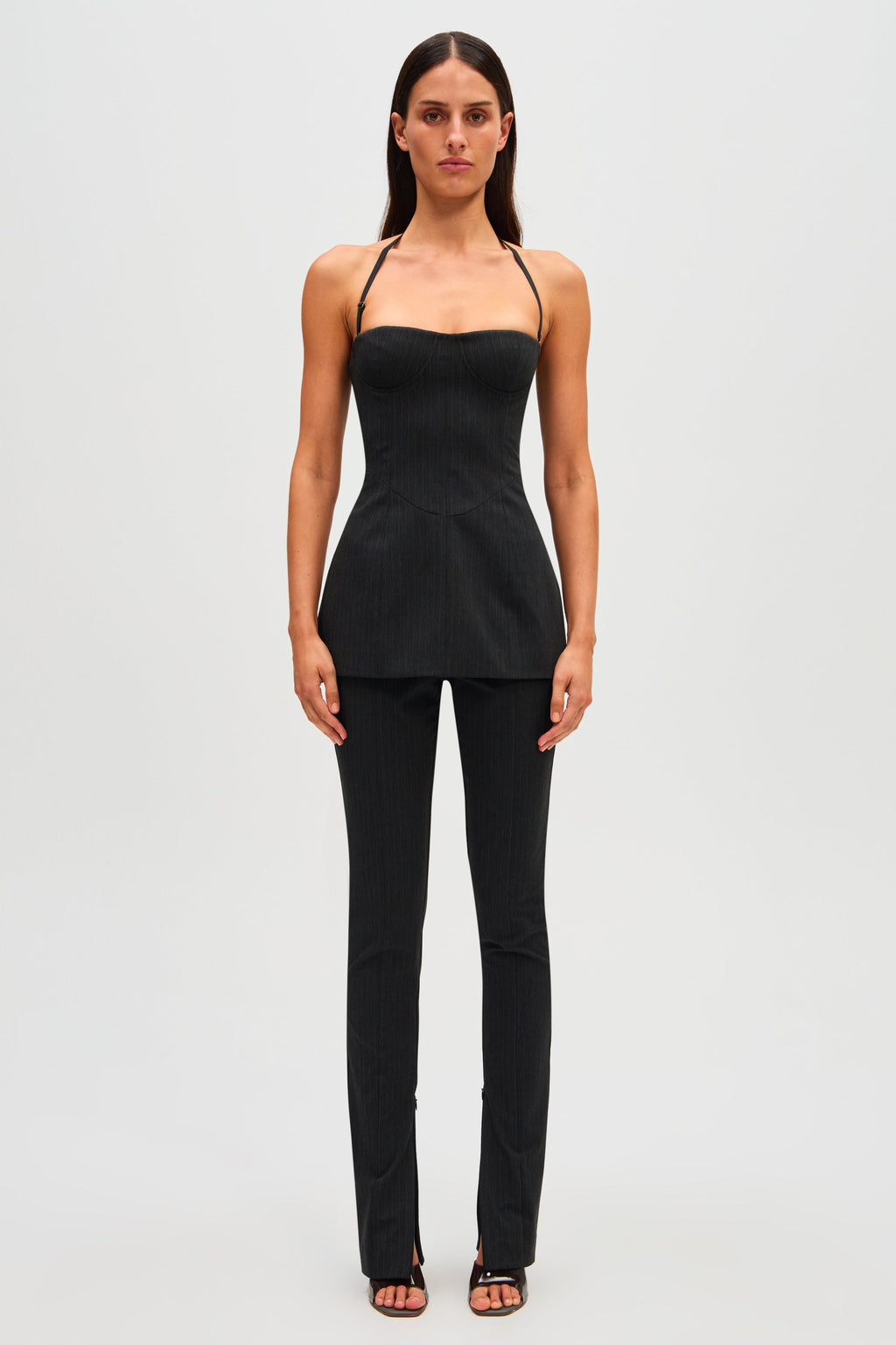 Black pinstripe camisole top with spaghetti straps and sweetheart neckline
