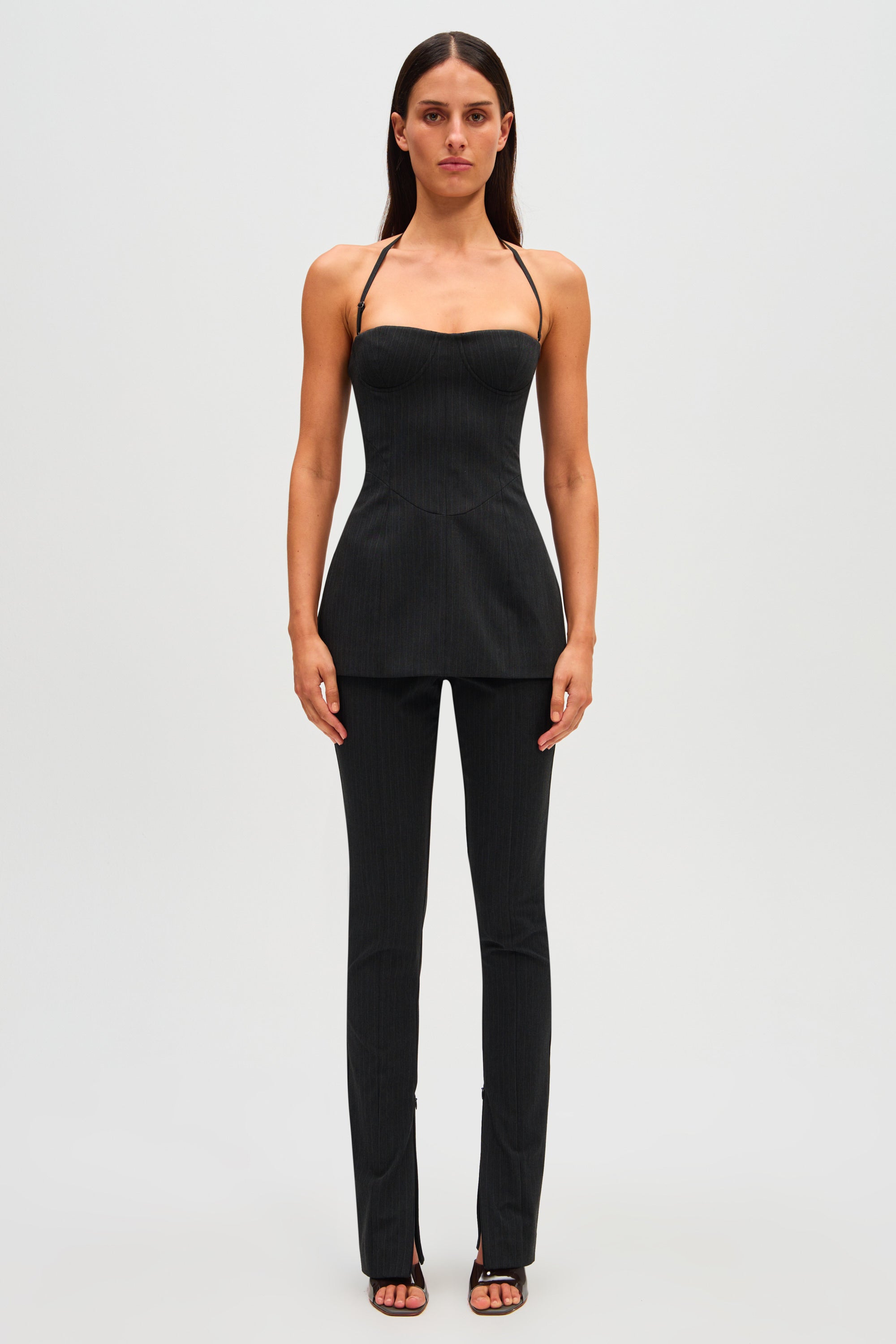 Black pinstripe camisole top with spaghetti straps and sweetheart neckline