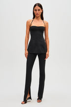 Black pinstripe camisole top with fitted waist and spaghetti straps