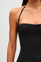 Black pinstripe camisole top detail of sweetheart neckline and spaghetti strap