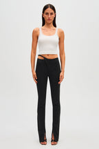 Black pinstripe high-waist flared pants with front slit legs