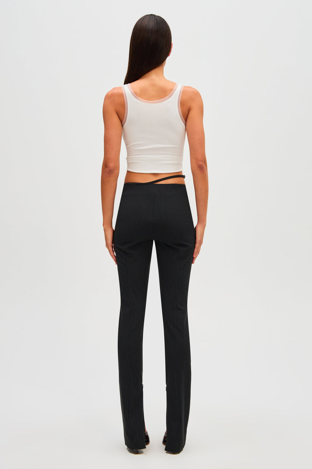 Black pinstripe high-waist pants, back view with straight flared legs