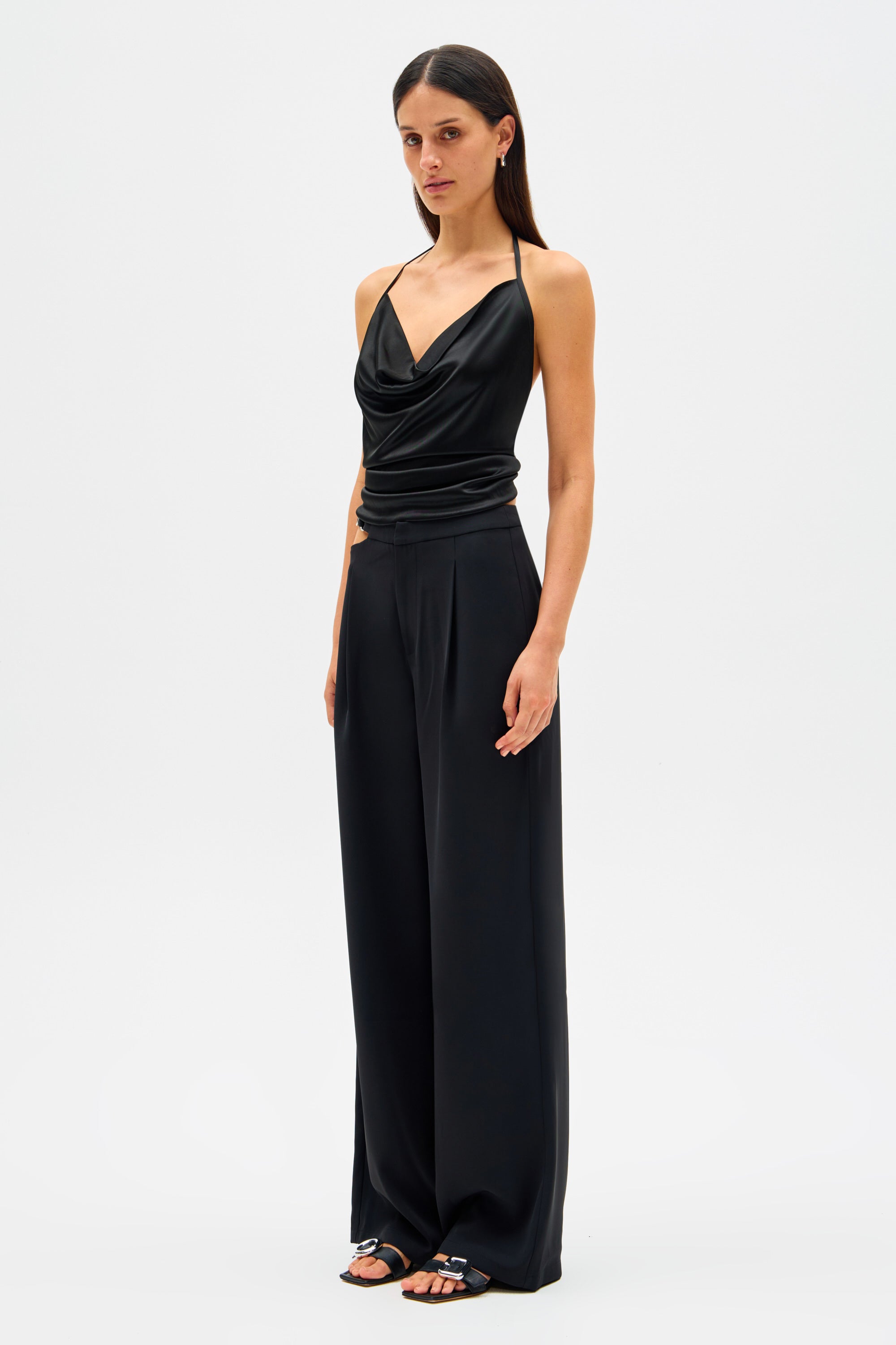 Black drape cowl-neck jersey camisole top with thin straps and ruched sides