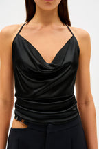 Black cowl-neck jersey camisole top with spaghetti straps and ruched front