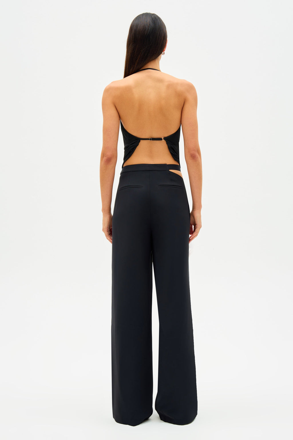Black open-back jersey camisole top with center strap detail