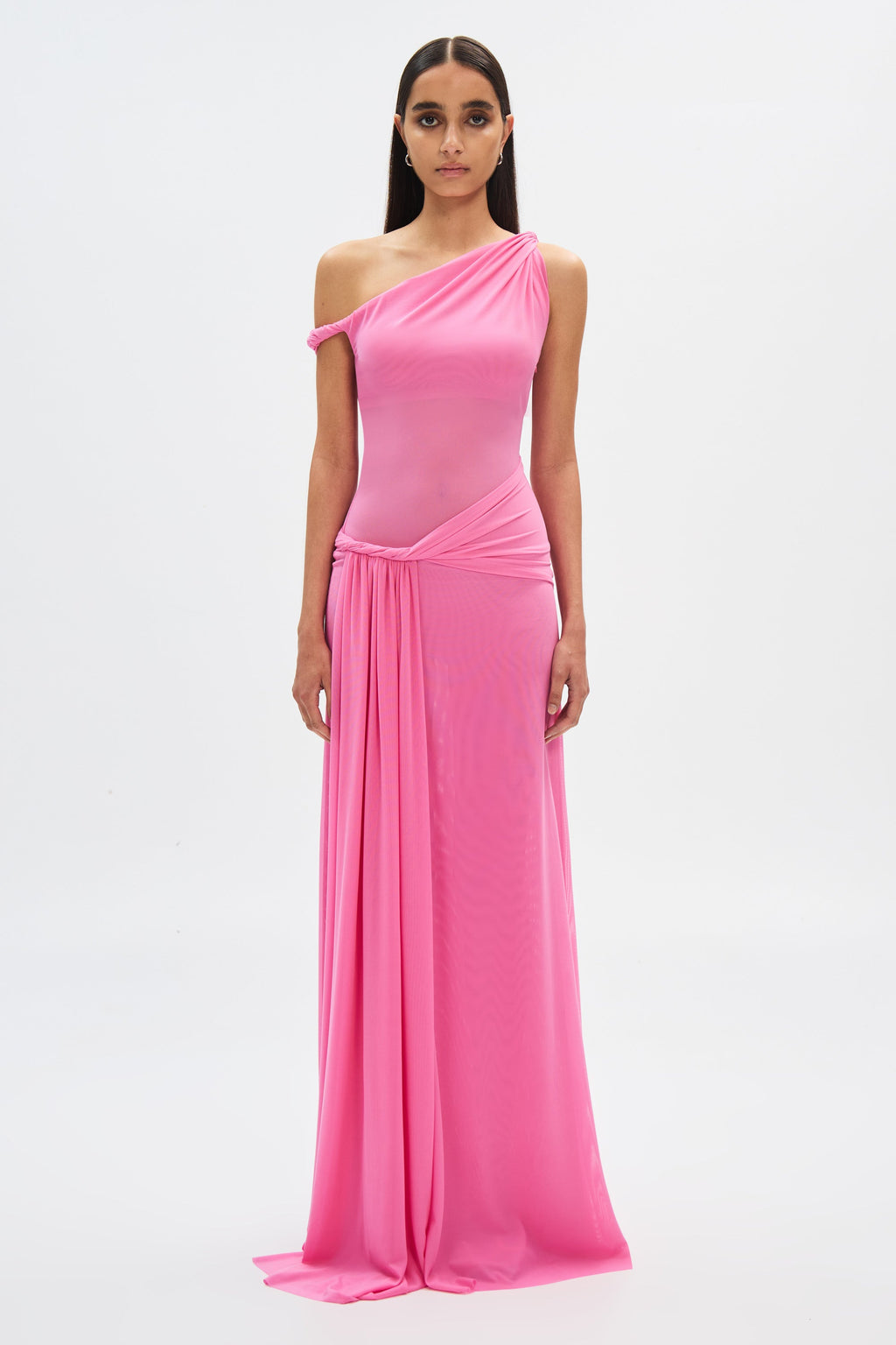 Orchid pink one-shoulder mesh maxi dress with gathered waist drape