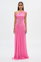 Orchid pink one-shoulder mesh maxi dress with gathered waist drape