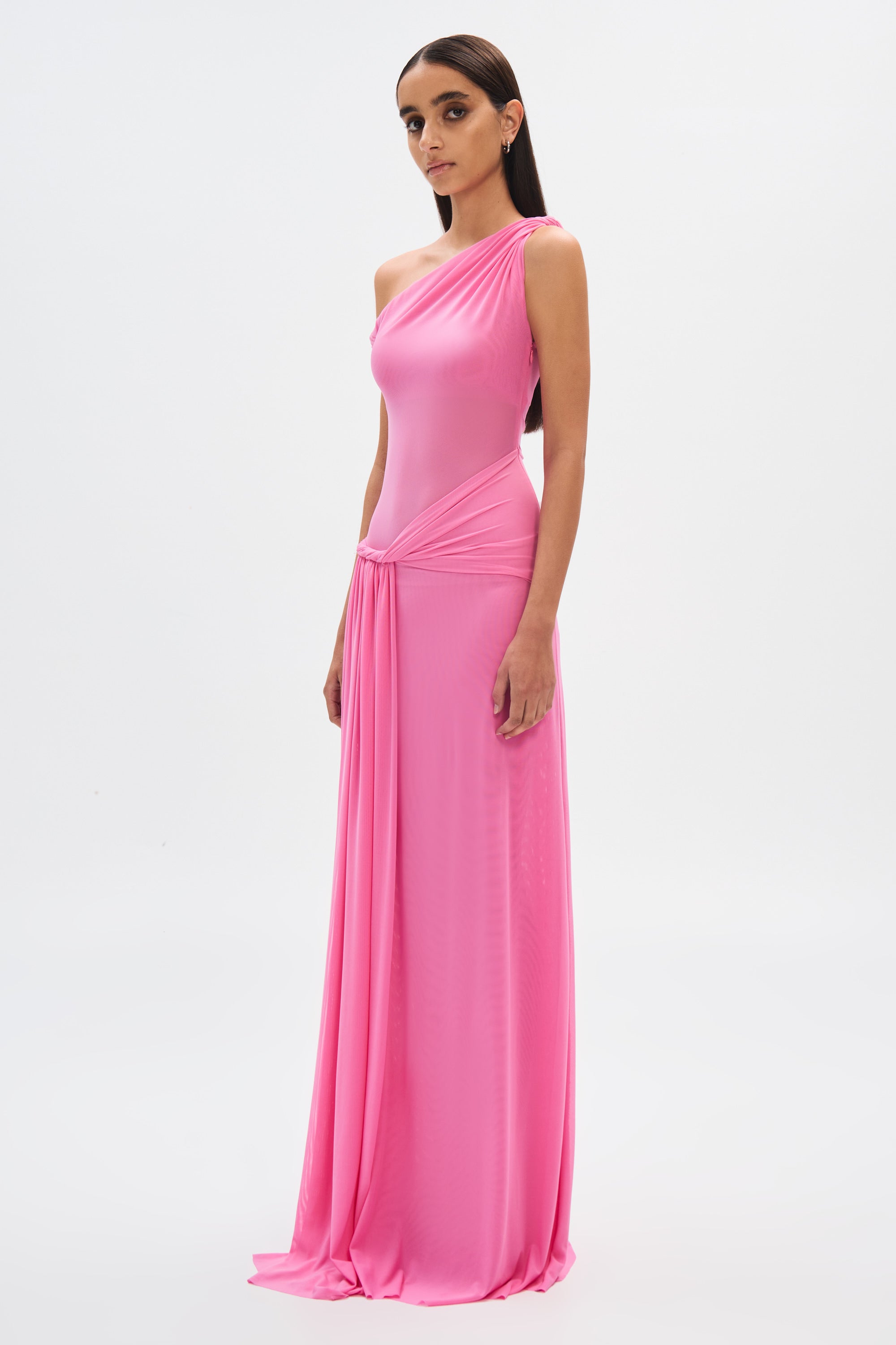 Orchid pink one-shoulder mesh maxi dress, gathered waist drape