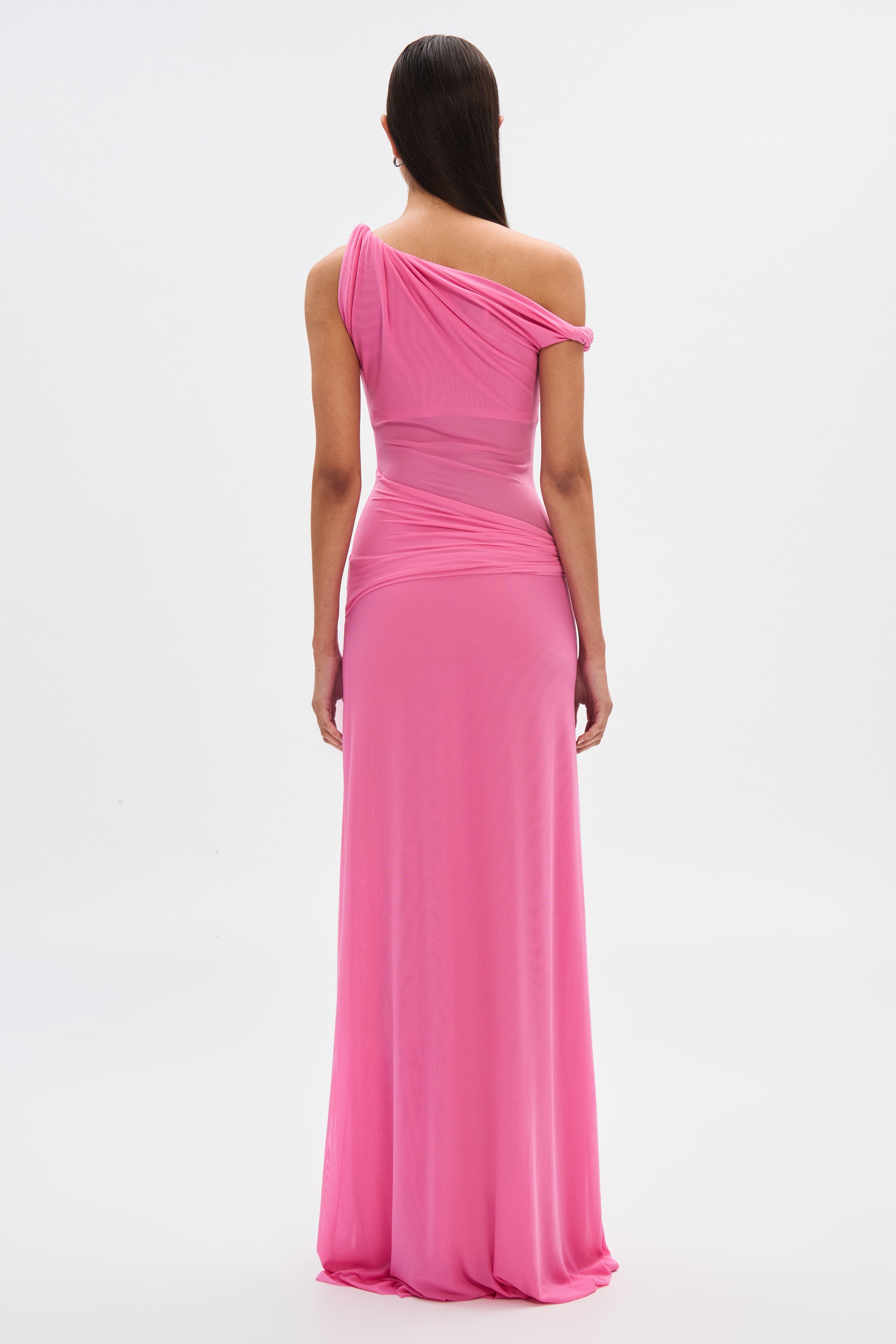 Orchid pink one-shoulder mesh maxi dress, ruched back drape