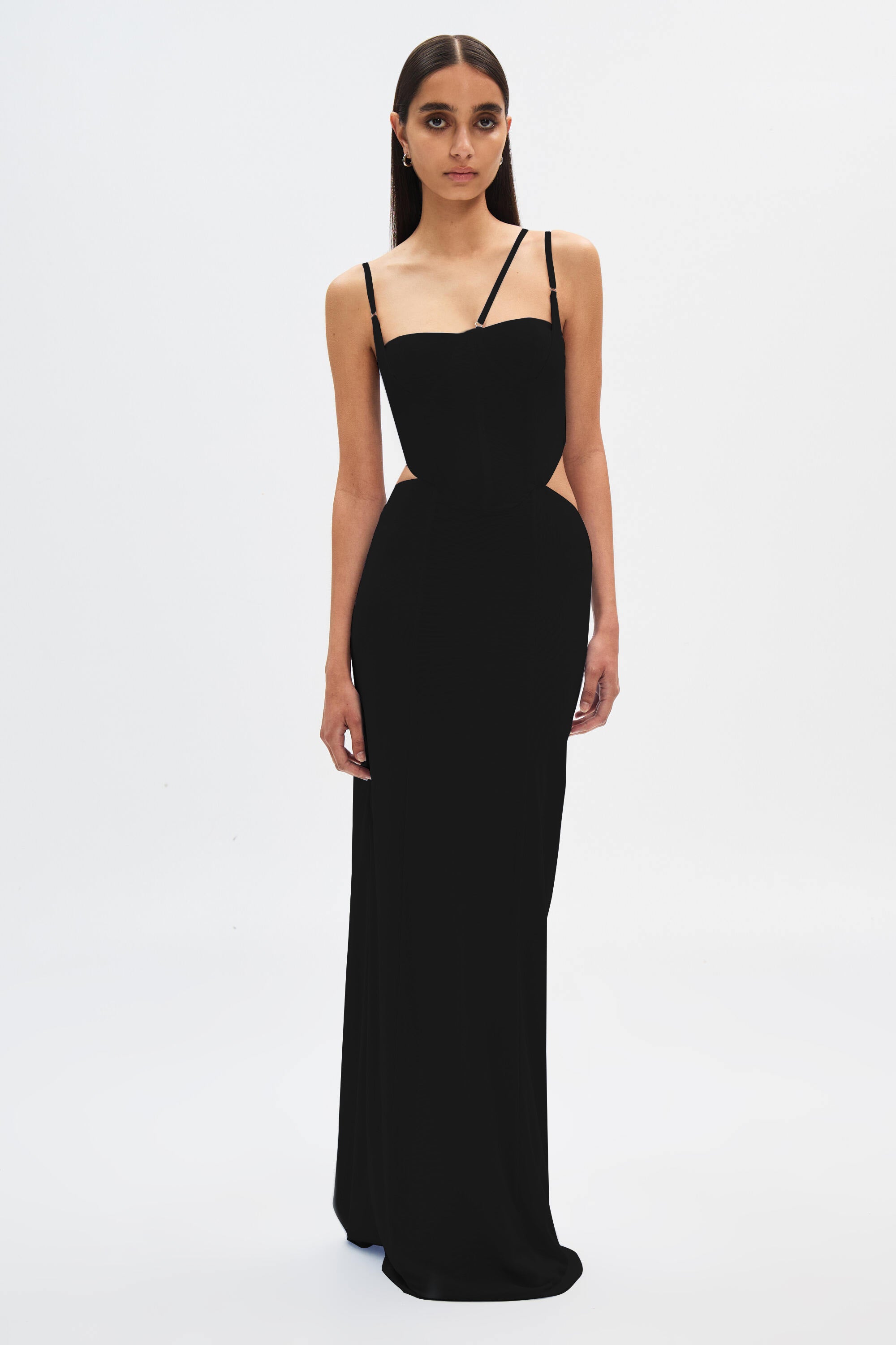 Black sleeveless fitted maxi dress with thin straps and corset-style bodice