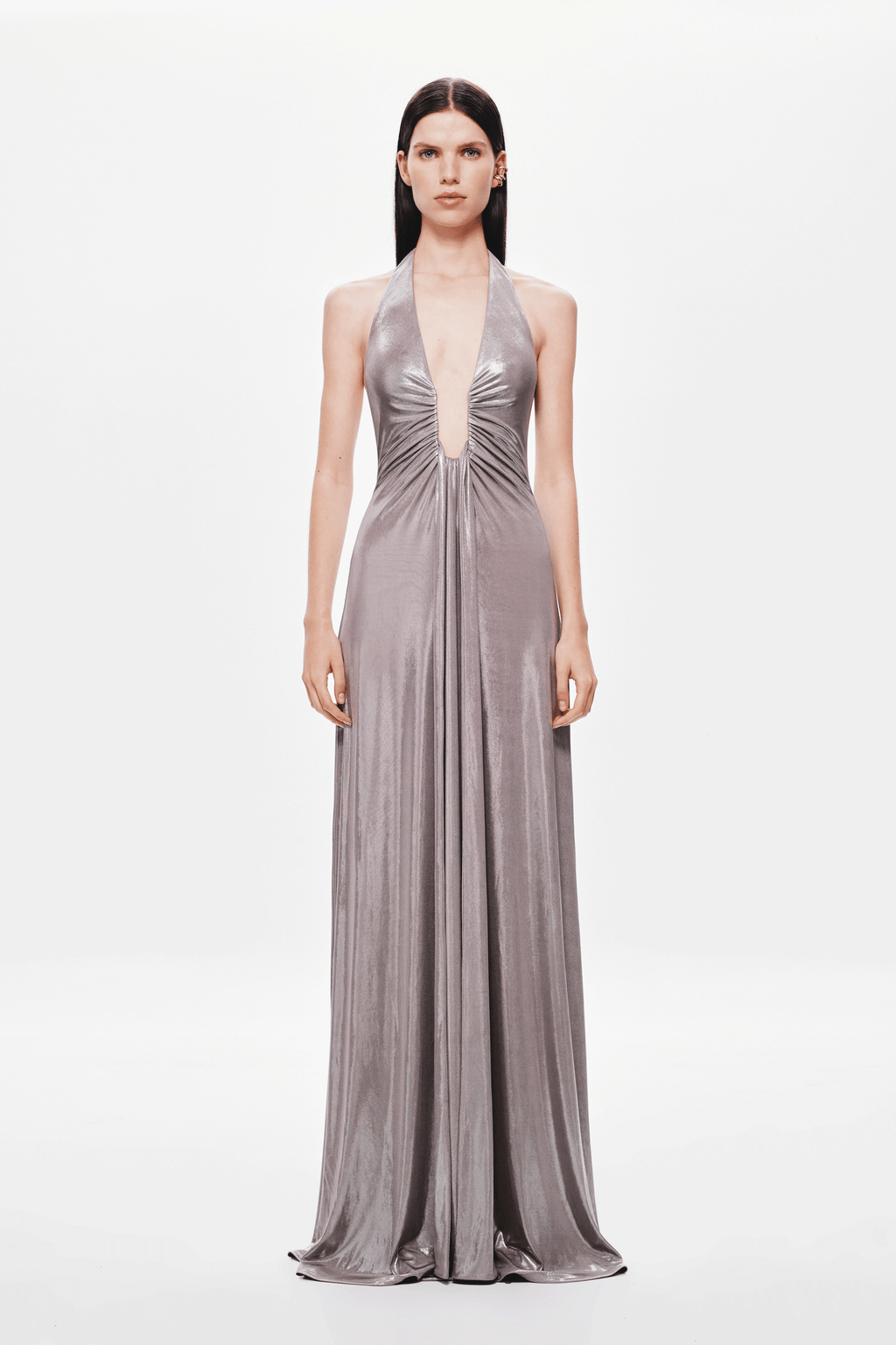 Sleeveless metallic cinder jersey maxi dress with deep V halter and gathered front