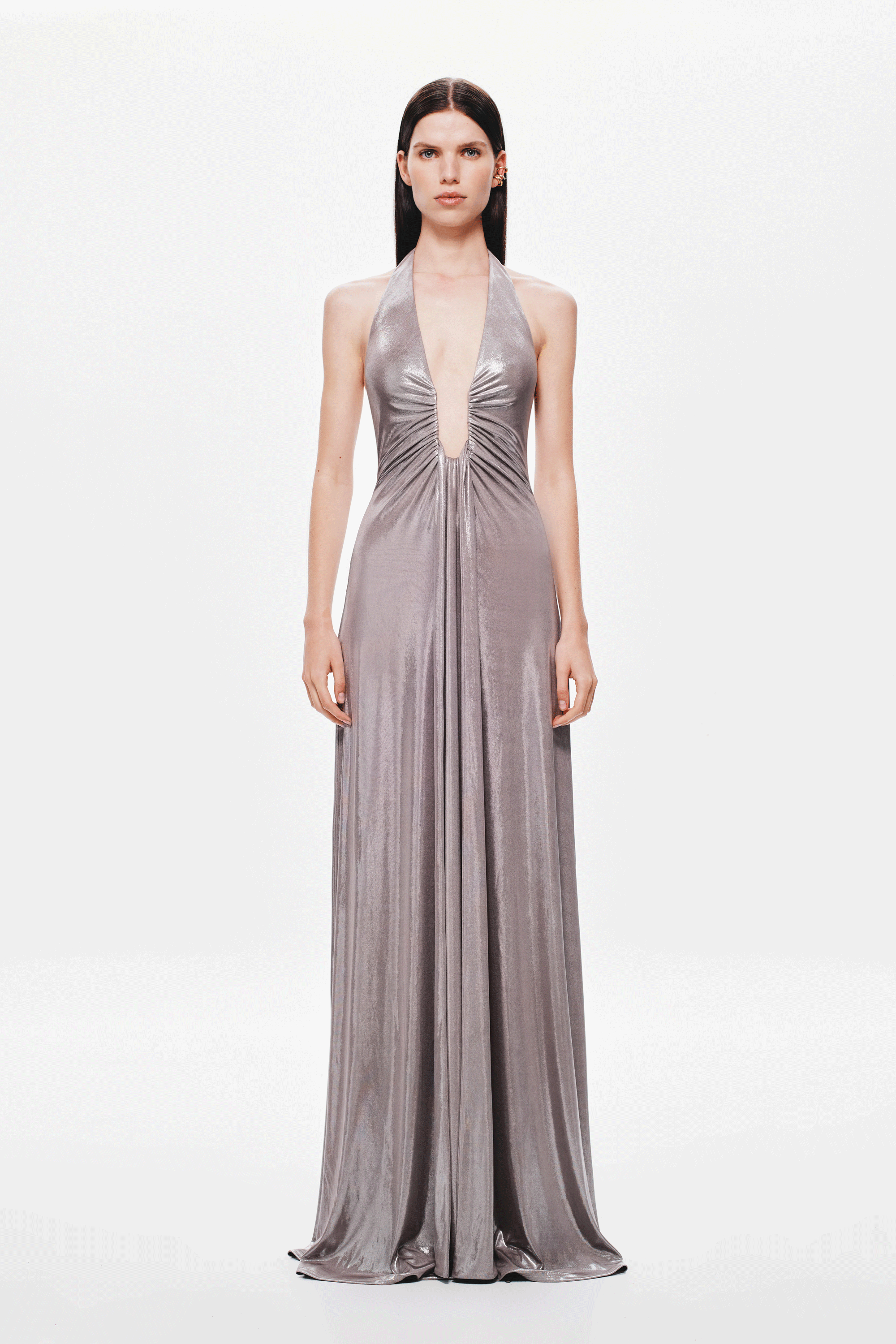 Sleeveless metallic cinder jersey maxi dress with deep V halter and gathered front