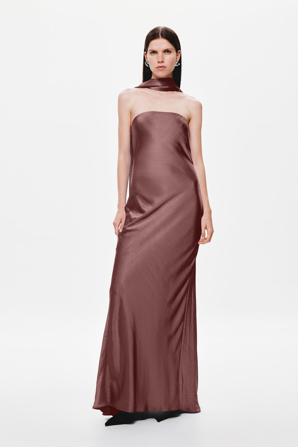 Plum satin sheath dress with strapless bodice and draped neckline, floor-length
