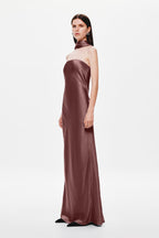Plum satin sheath dress with high neck halter, sleeveless, floor-length