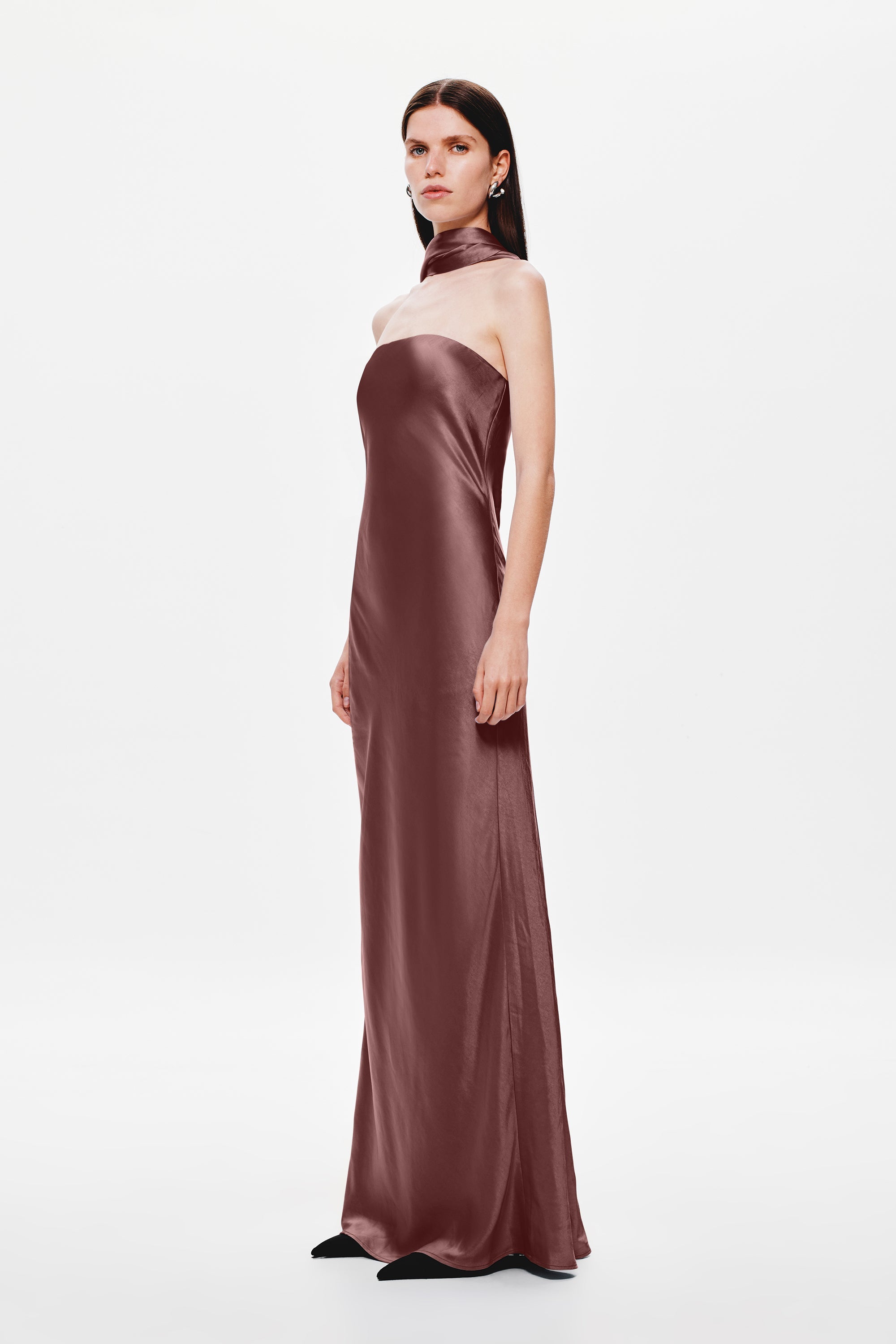 Plum satin sheath dress with high neck halter, sleeveless, floor-length