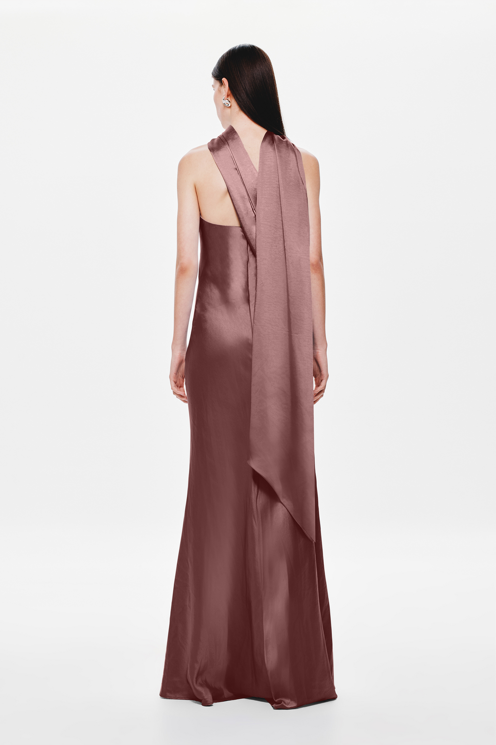 Plum satin open-back sheath dress with draped crossover back, floor-length