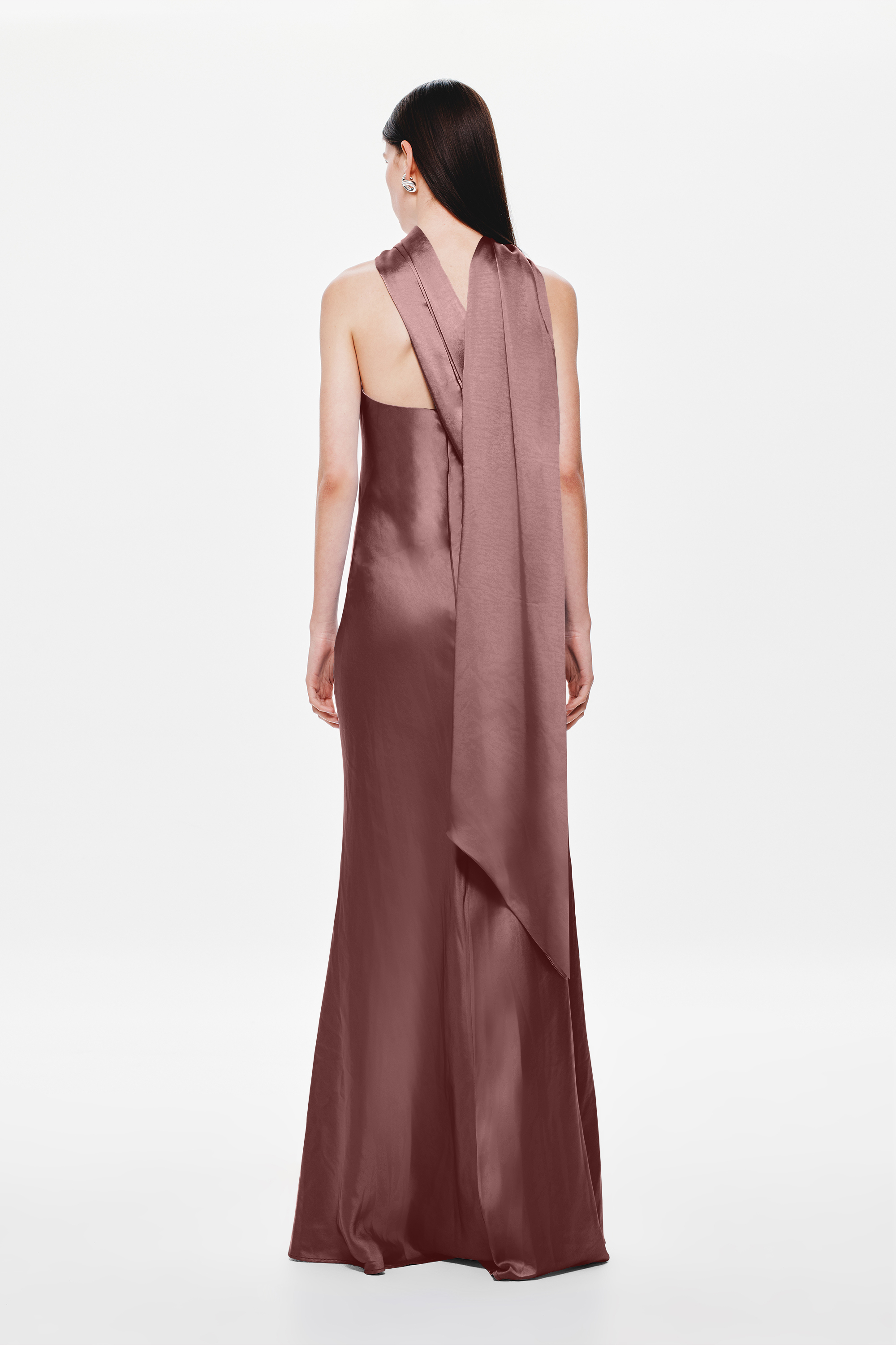 Plum satin open-back sheath dress with draped crossover back, floor-length