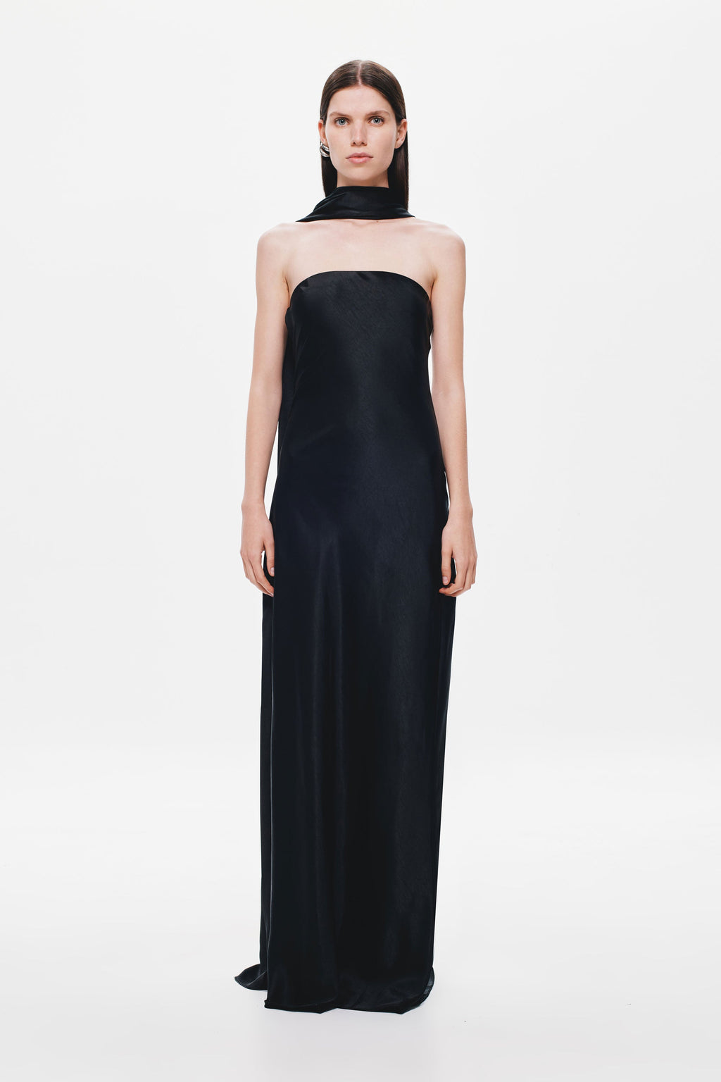 Black satin strapless column dress with high neck choker strap detail