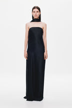 Black satin strapless column dress with high neck choker strap detail
