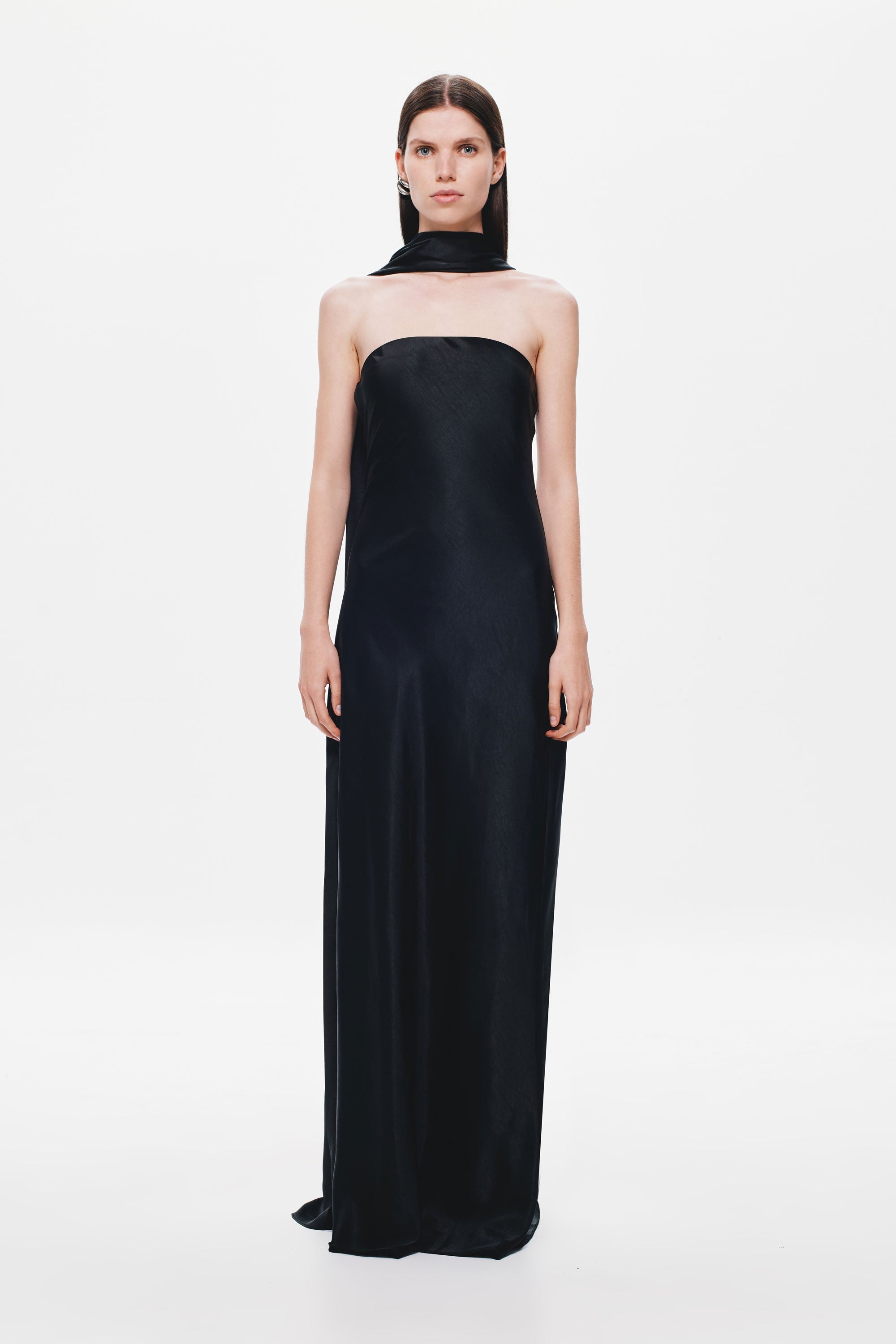 Black satin strapless column dress with high neck choker strap detail