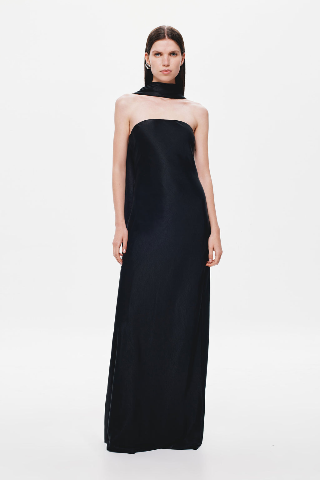 Black satin strapless maxi dress with high neck choker and straight hem