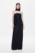 Black satin strapless maxi dress with high neck choker and straight hem