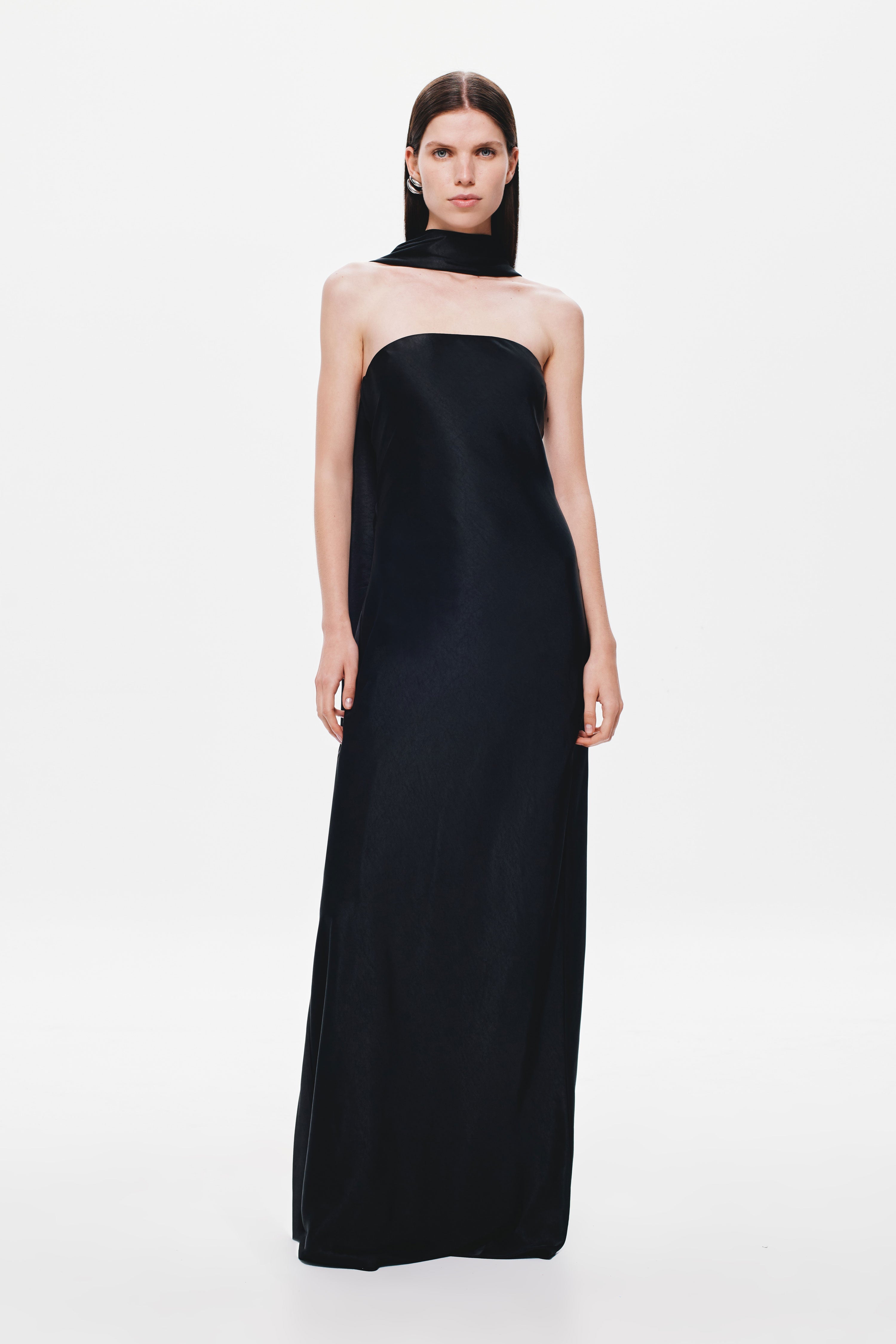 Black satin strapless maxi dress with high neck choker and straight hem