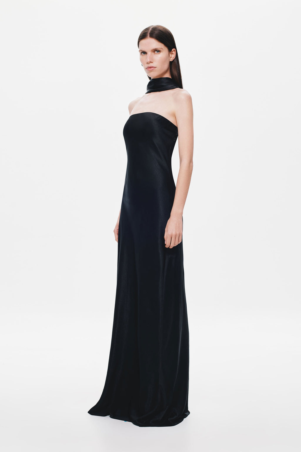 Black satin strapless maxi dress with high neck choker and fitted column silhouette