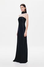 Black satin strapless maxi dress with high neck choker and fitted column silhouette