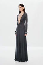 Dark long-sleeve maxi dress in a ruched deep-V front with long column skirt.