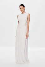 Ivory sleeveless maxi dress with diagonal drape front and pleated maxi skirt