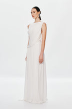 Ivory sleeveless maxi dress with draped back and gathered waist pleated skirt