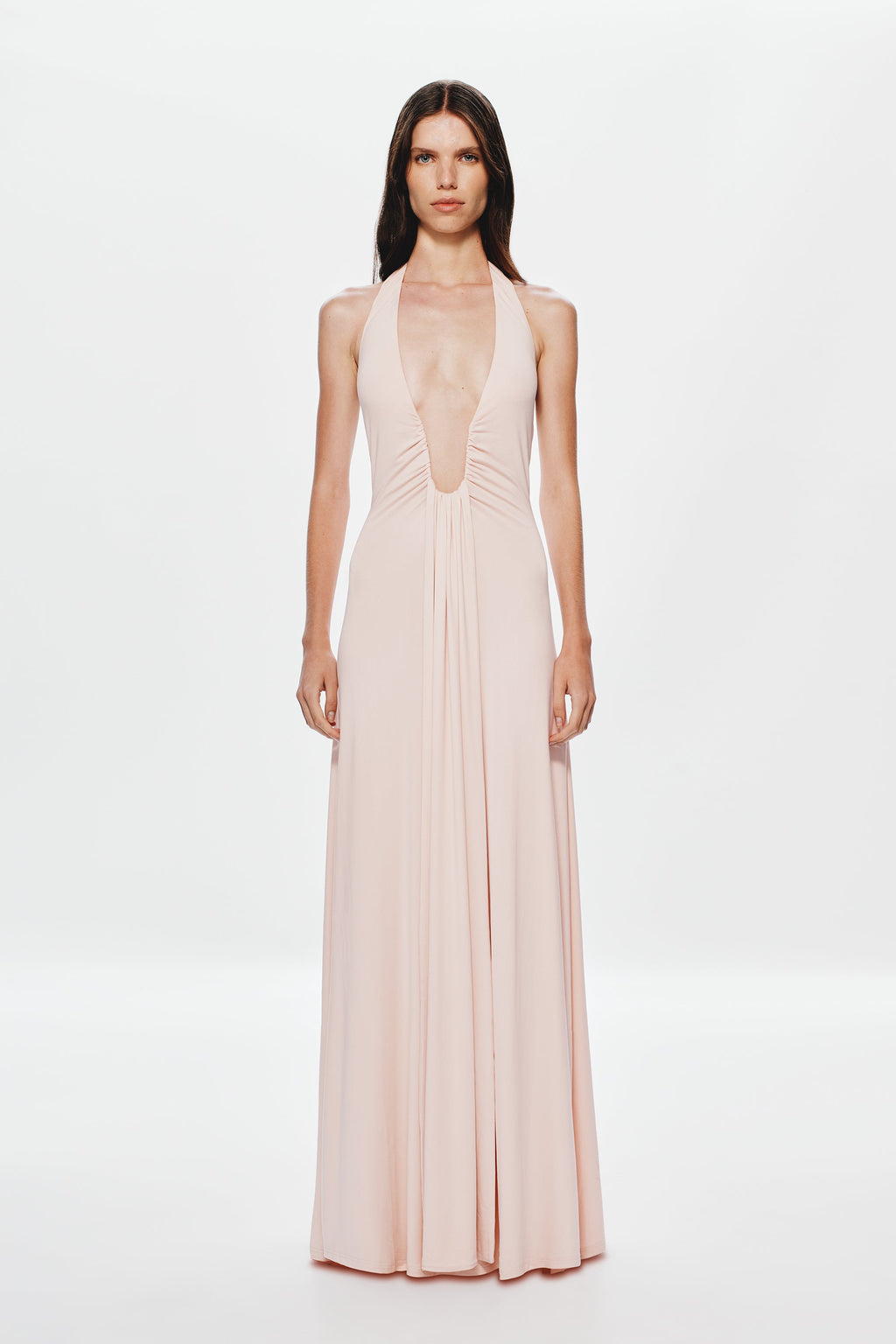 Dusty pink halter maxi cupro dress with V neckline, pleated seams, full length
