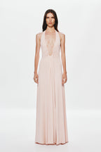 Dusty pink halter maxi cupro dress with V neckline, pleated seams, full length