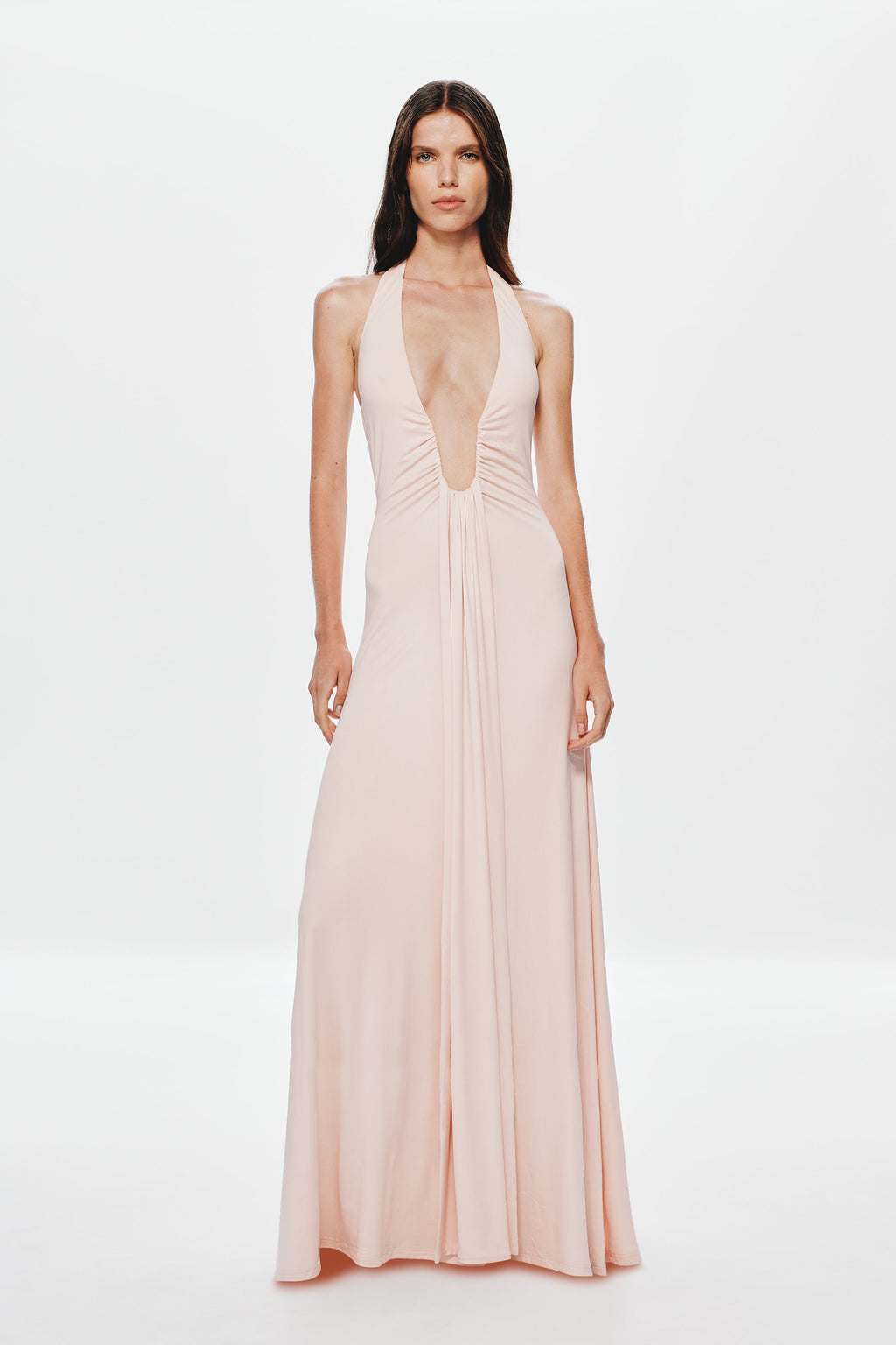Dusty pink halter maxi cupro dress with deep V neckline and ruched bodice